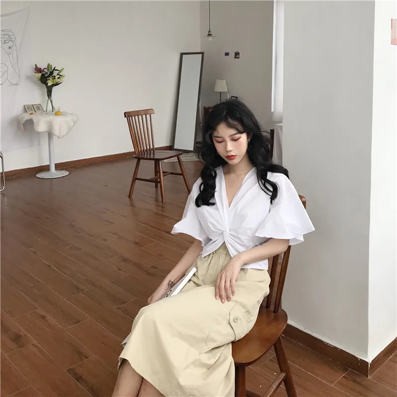 Корейская версия 2018 Весна новая v-образным вырезом Высокая Талия Короткие крест