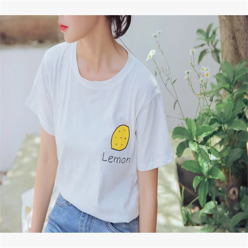 HziriP 2018 New Women T shirt Fruit Lemon Print O-neck Casual Womens Short Sleeve Cotton T-shirt Tee Tops Female Tshirt | Женская одежда