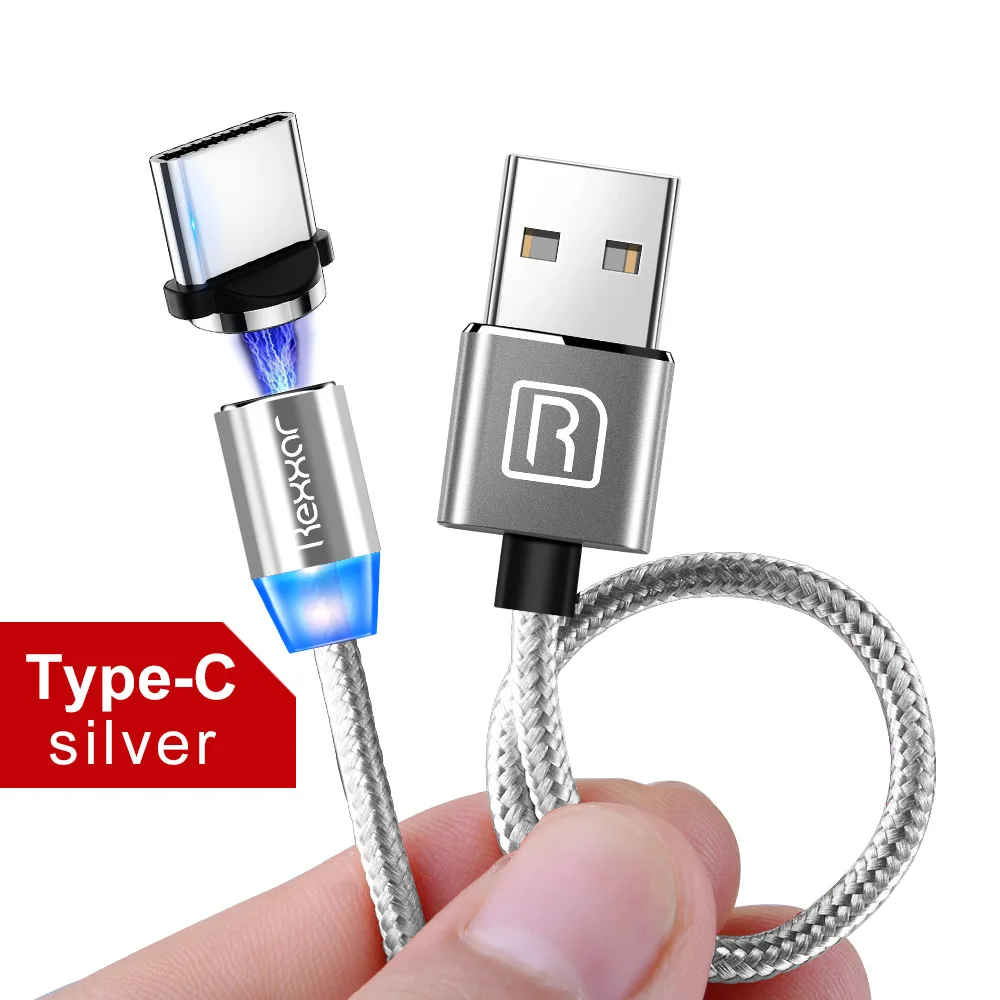 Silver Type C Rexxar, магнитный кабель для iPhone, samsung, быстрая зарядка, Micro USB кабель, шнур, магнитное зарядное устройство, usb type C, 1 м, 2 м, кабели для мобильных телефонов - Цвет: Silver Type C