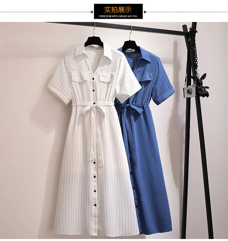 2XL-6XL, плюс размер, летнее платье в полоску,, повседневное, свободное, для женщин, большой размер, OL, рубашка, платье, на пуговицах, для девушек, офисное, шифоновое платье