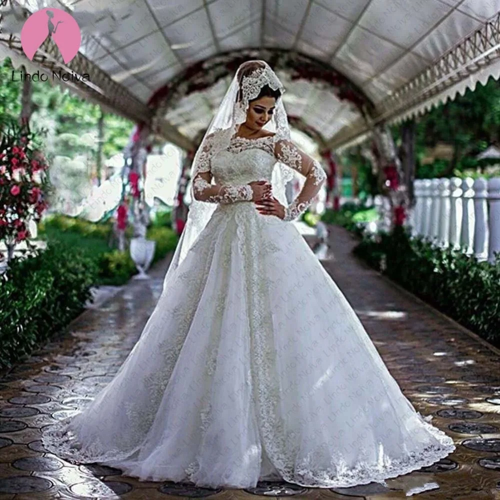 Vestido De Noiva Princesa Branco Свадебные платья Иллюзия молнии сзади Кружевная аппликация с жемчугом Boat Neck свадебные платья