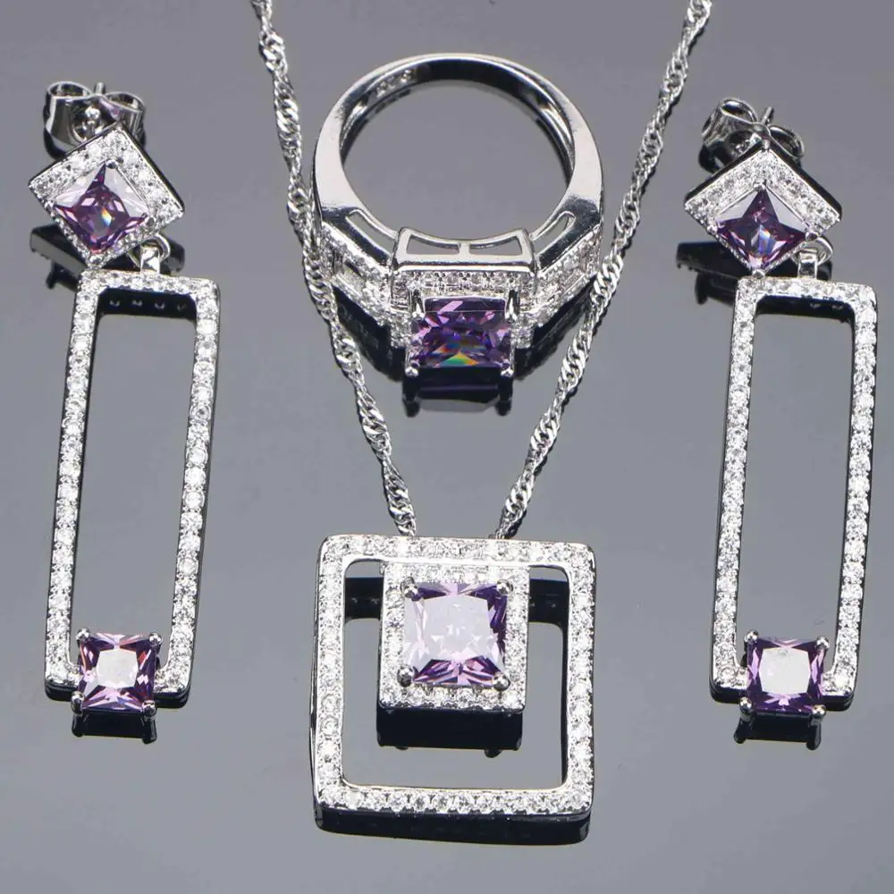 Purple 925 пробы, серебряные свадебные ювелирные наборы, голубой камень, CZ серьги для женщин, браслет, кольца, кулон, ожерелье, набор, подарки, ювелирная коробка - Окраска металла: Purple