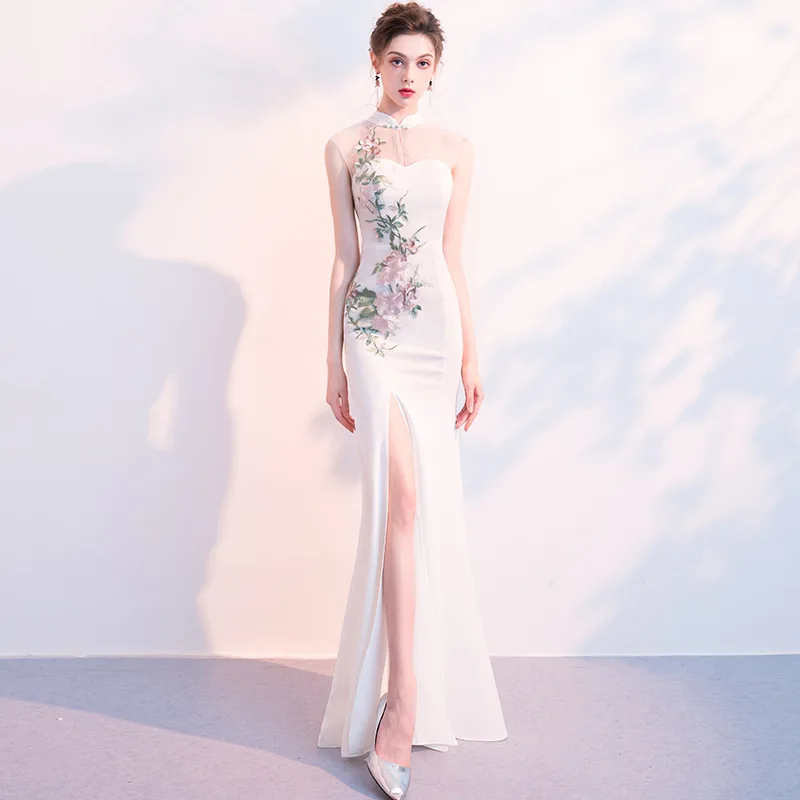 

Женское платье в китайском стиле с вышитыми цветами и русалочкой, облегающее сексуальное вечернее платье с высоким разрезом, белое платье п...