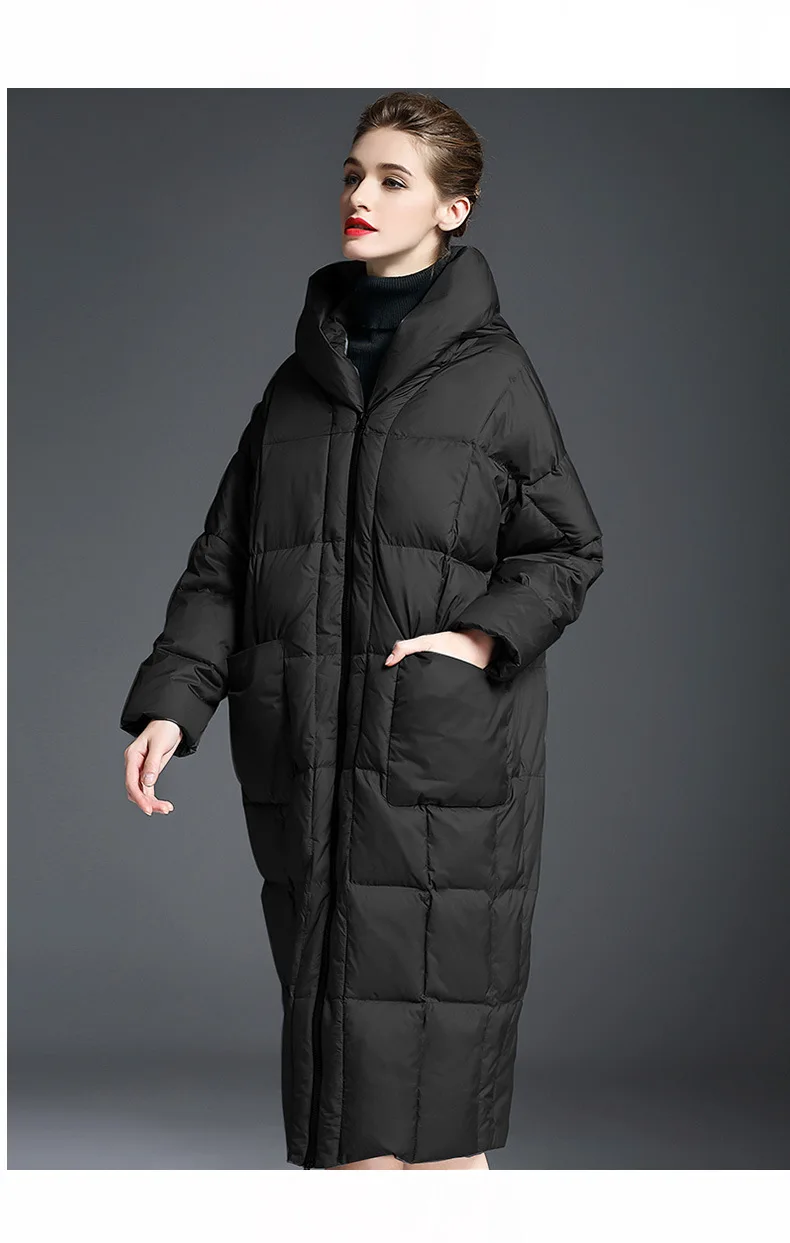 Женский пуховик Европейская мода высокого класса шапки, 90 Белый гагачий пух, тонкое и утолщенное пальто средней длины. Верхняя одежда