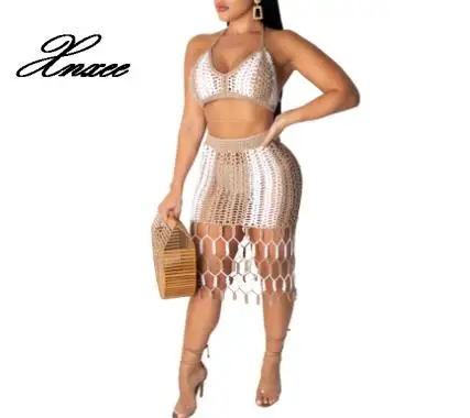 

Women 2020 new fashion color matching hand-woven beach skirt two-piece