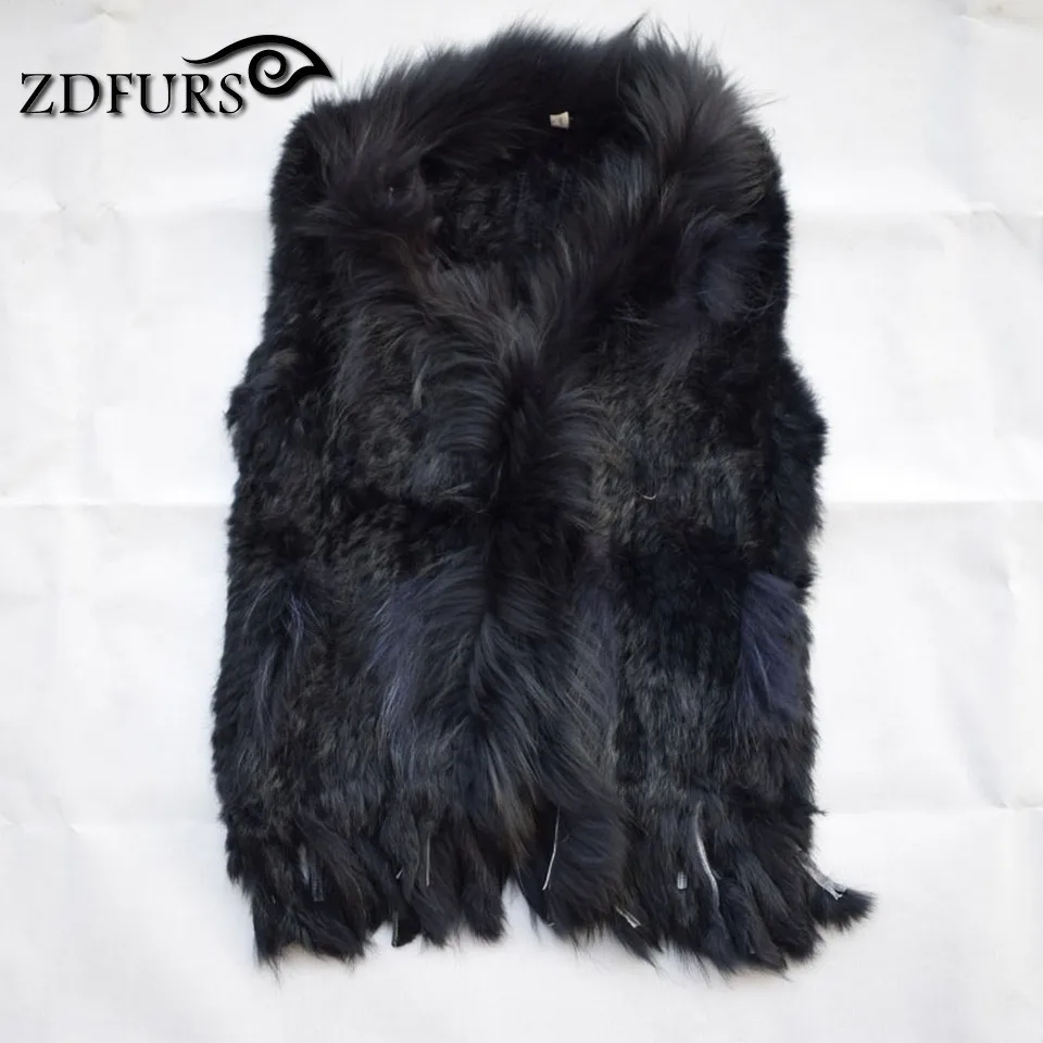 ZDFURS* вязаный жилет из кроличьего меха, меховой воротник из енота, вязаный жилет из кроличьего меха, жилет