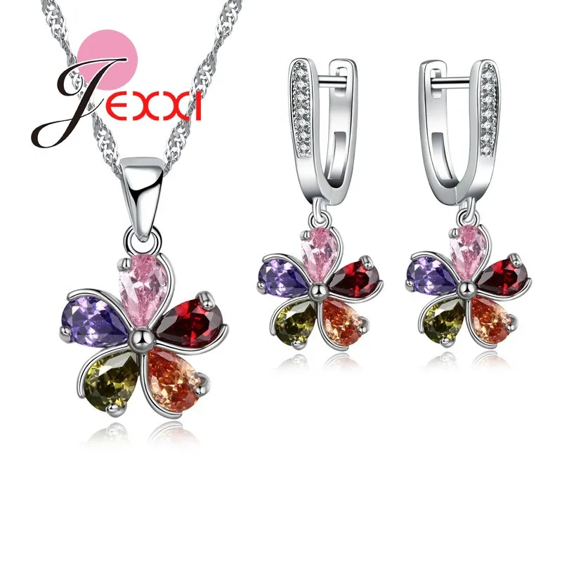 

Women Jewelry Fashion Silver Necklace + Earring Set Beautiful Flower Shape Crystal Long Chain Pendant Fast Shipping