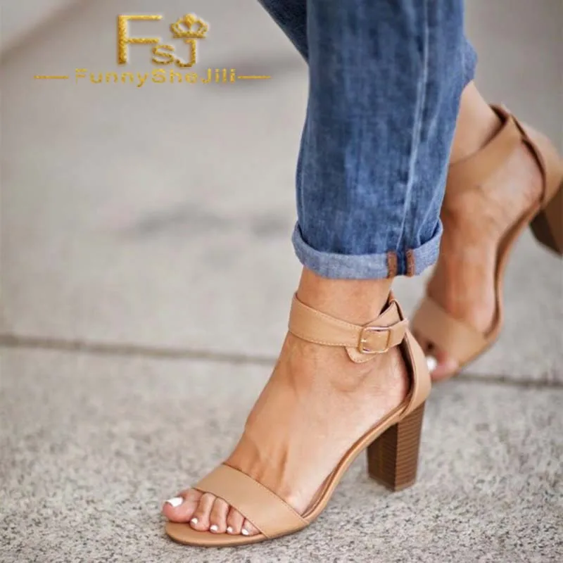 

Khaki Chunky Heel Ankle Strap Sandals Summer Autumn Anniversary Incomparable Attractive Fashion Generous FSJ Elegant Noble Sexy