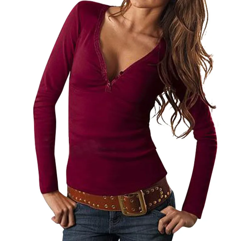Модная женская Повседневная футболка с длинным рукавом и V образным вырезом