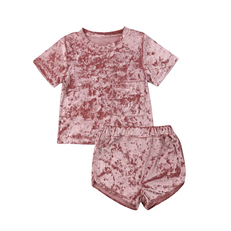 6M-5Y Kids Baby Girl Boy Velet Clothes Sets Summer Casual Solid 2Pcs Short Sleeve O-Neck Tops Elastic Waist Shorts Outfits - Цвет: Розовый