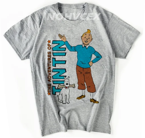 Серый Новая мужская футболка с принтом персонажа Tintin Новинка забавная Мужская хлопковая футболка футболки хипстер одежда - Цвет: Серый
