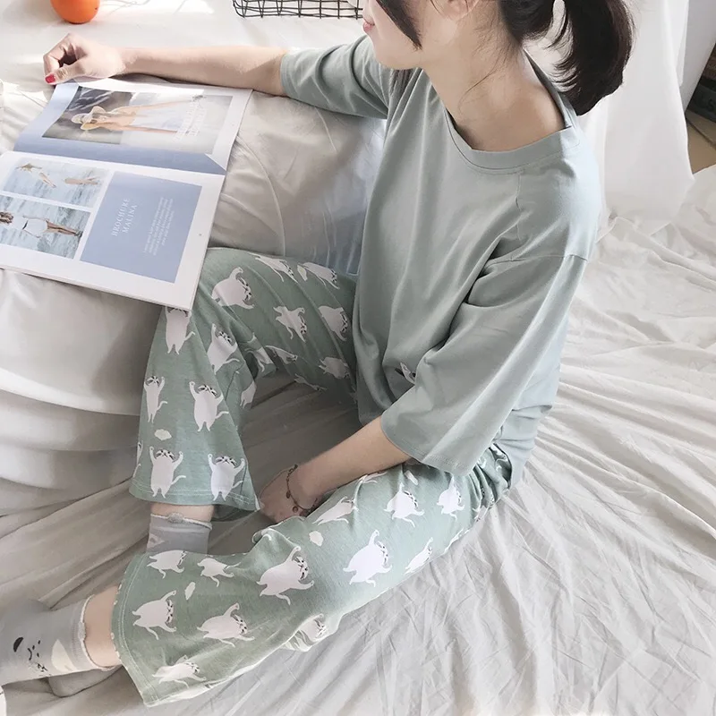 Женский пижамный комплект мягкая пижама с принтом кота из мультфильма домашняя