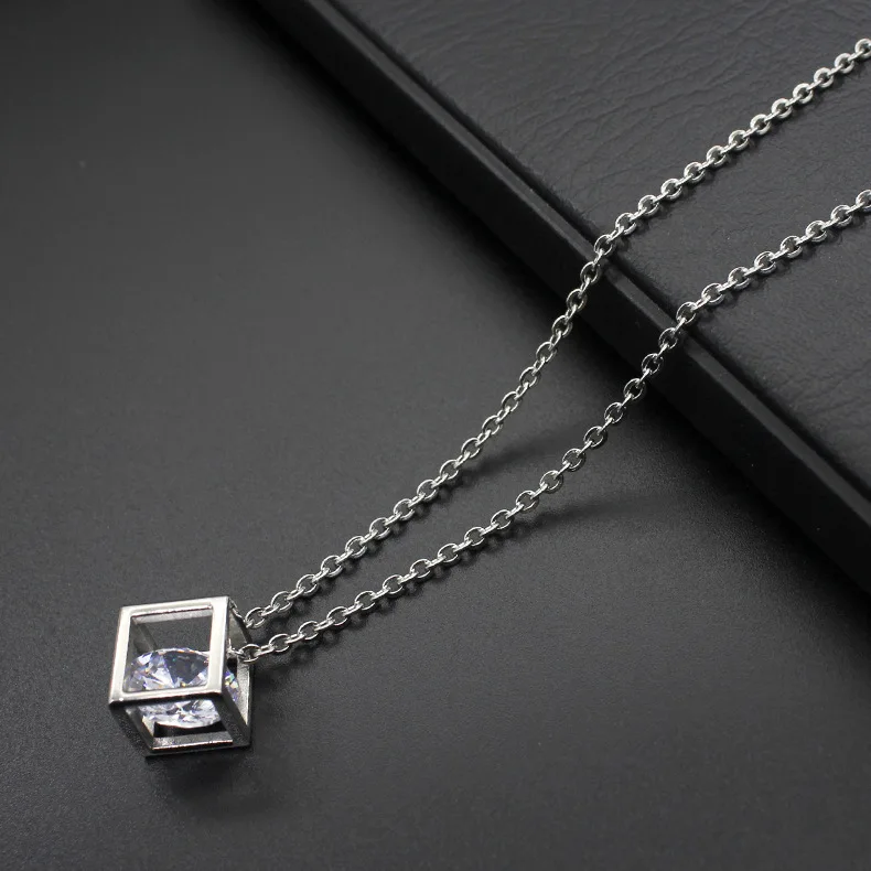 Stainless Steel Pendant Necklace Cube with White Pink Cubic Zircon Pendants for Women Fashion Jewelry 45cm Chain Free |