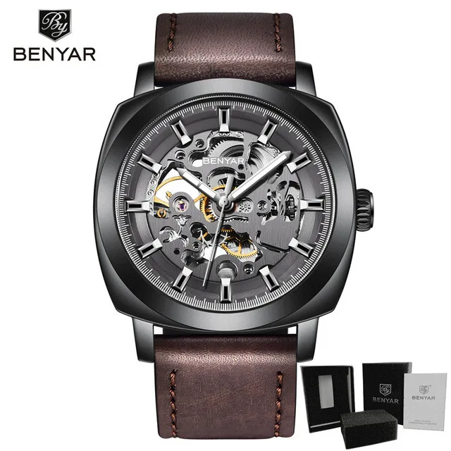 black brown BENYAR новые модные механические мужские часы водонепроницаемые классические Топ брендовые Роскошные автоматические деловые мужские наручные часы Relogio Masculino - Цвет: black brown