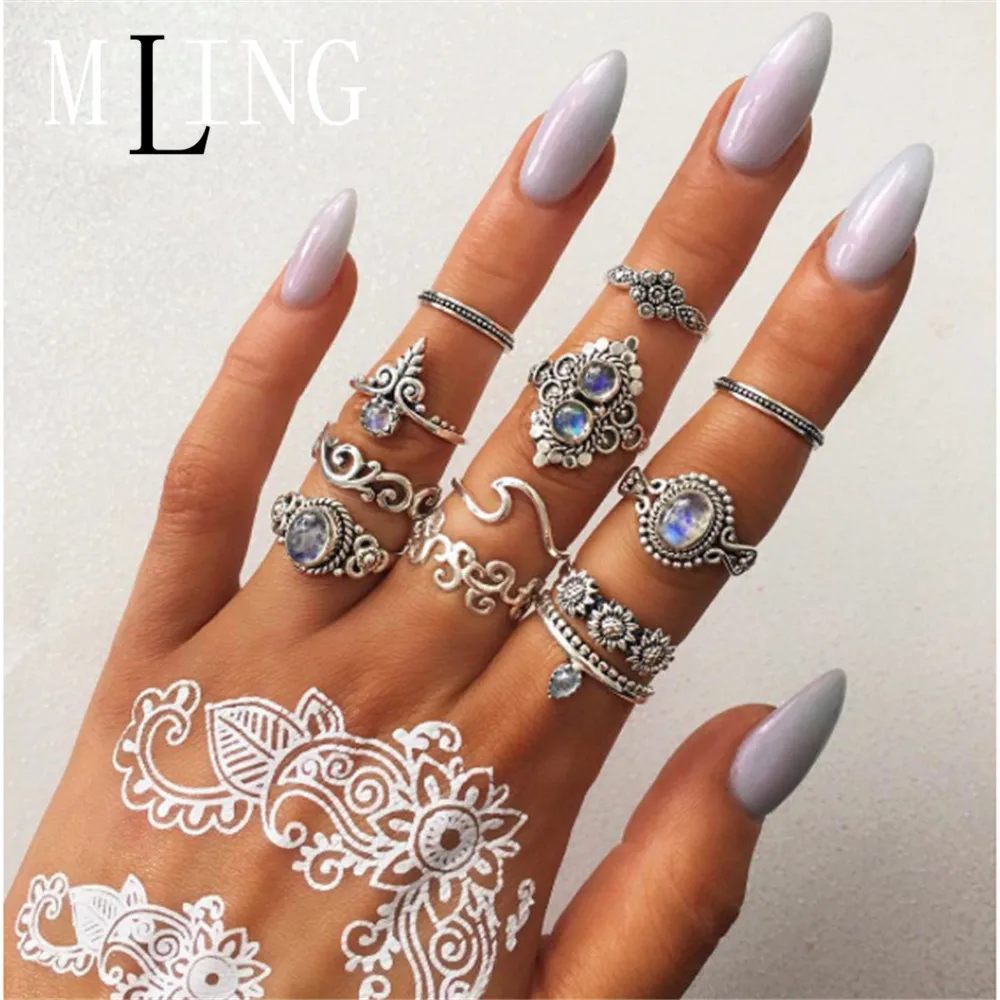 MLING 12 шт./компл. винтажное серебряное кольцо с кристаллом набор богемные капли