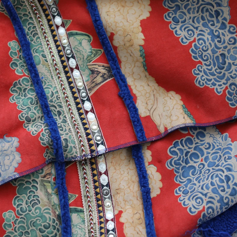 Винтажное пальто в этническом стиле с воротником из тибетской овечьей шерсти и