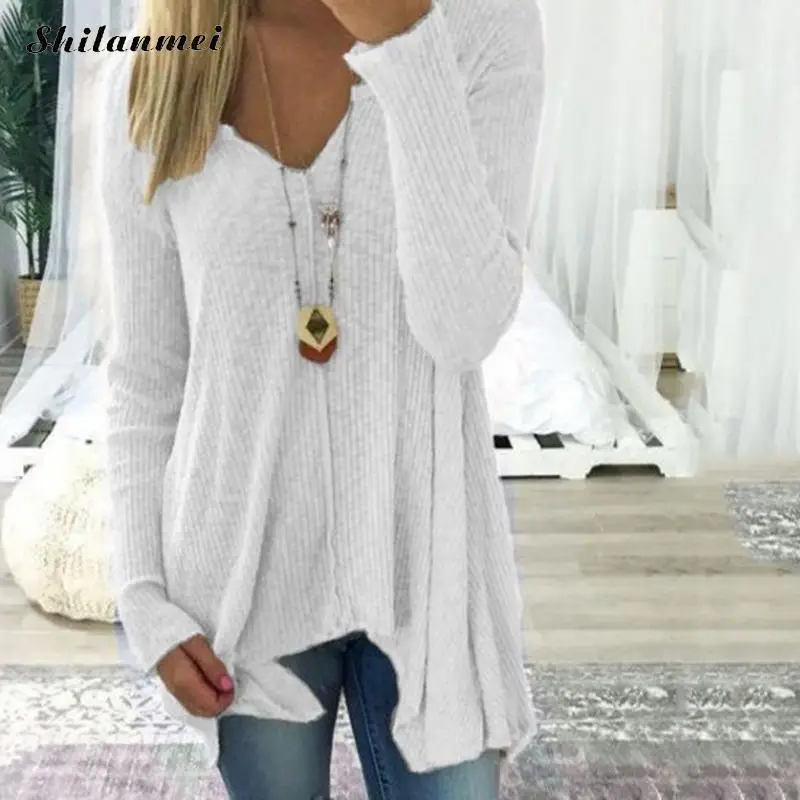 Women Long Sleeve Casual Solid V-Neck Sweater Irregular Hem Pullovers Tops Spring Autumn Plus Size Pull Femme 5XL 4XL | Женская одежда