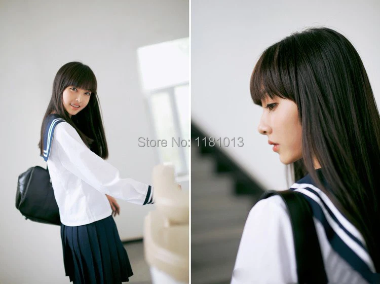 Японский матросский костюм униформа для школьниц с длинным рукавом 2 белых бара