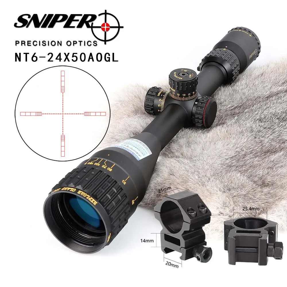 with Picatinny Rings Снайпер NT 6-24X50 AOGL охотничьи оптические прицелы тактический оптический прицел полноразмерный стеклянный гравированный прицел с подсветкой RGB - Цвет: with Picatinny Rings