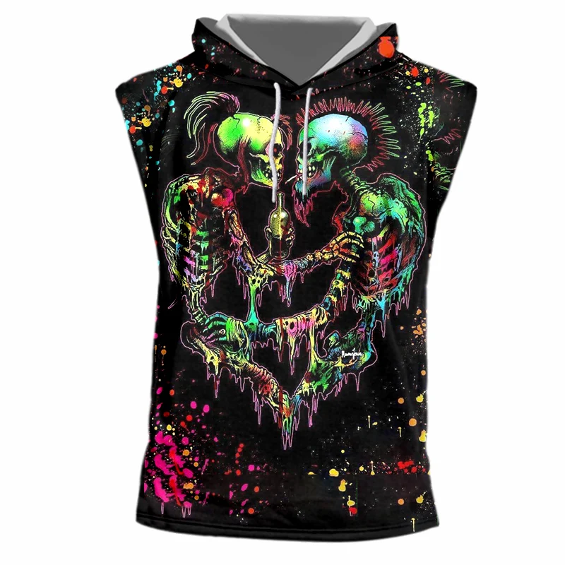 UJWI Summer Cool Tanks Black New Men's Funny Print Lovers Skull 3d Hooded Tanktop Homme Workout Fintess Sleeveless Undershirts | Мужская