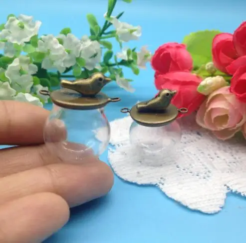 100sets/lot 20*15mm Glass globe 15mm base bird glass vials pendant jewelry bottle dome cover charms | Украшения и аксессуары