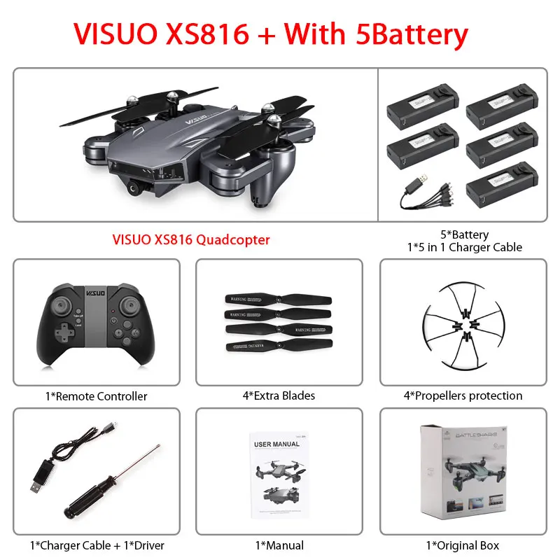 XS816 5B Box Visuo XS816 оптическое позиционирование потока Rc Квадрокоптер с двойной камерой 2mp Wifi FPV Дрон управление жестами Дрон Vs XS809HW XS809S - Цвет: XS816 5B Box