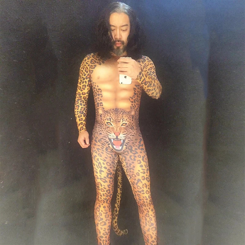 

New Sexy Stage Fashion Men Leopard Tiger Nightclub DJ DS Dancer Costume With Tail