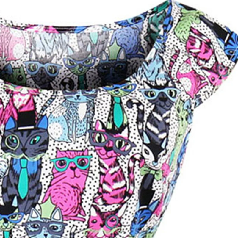 Женское летнее платье с рисунком в виде кошки Винтаж Кепки рукав Повседневное