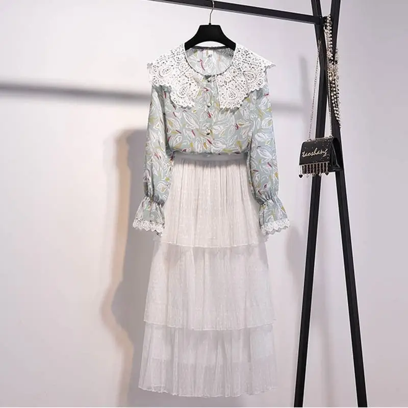 green and white Новинка Весна Лето Женский милый комплект из двух предметов для леди винтажный цветочный принт Блузка+ юбка костюмы женские тонкие шифоновые наборы X33 - Цвет: green and white
