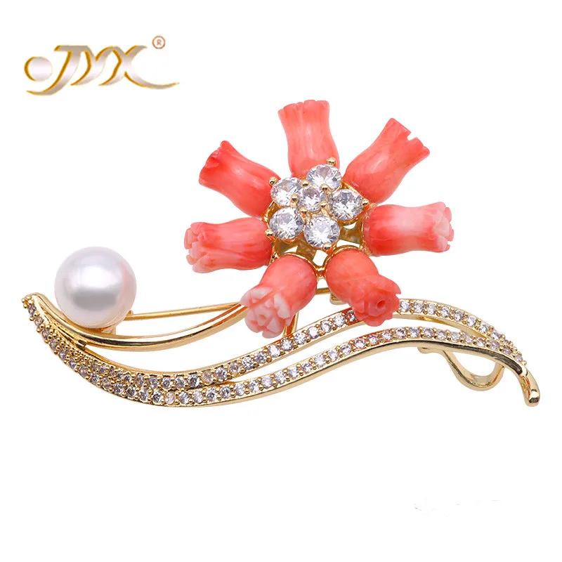 

JYX Blooming Sunflower Brooch women 9.5mm Pearl natural White Freshwater Pearl and Coral Brooch Pin best coral gift Christmas