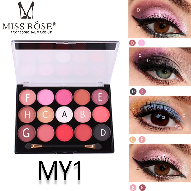 Матовые тени для век Miss rose 15 цветов ярко розовые красные персиковые синие
