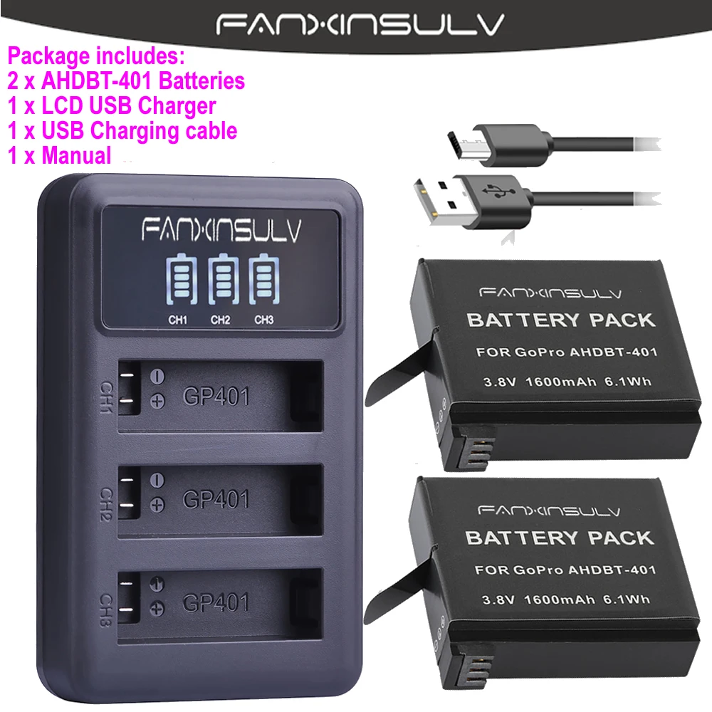 2Pcs AHDBT-401 Gopro Hero 4 Battery + LED 3-Slots USB Charger For GoPro HERO4 Go Pro4 gopro hero SHIP WITH TRACKING NUMBER - 2 аккумулятора AHDBT-401 для камеры GoPro Hero 4 + LED-зарядное устройство с 3 слотами USB для GoPro HERO4 Go Pro4 gopro hero ОТПР