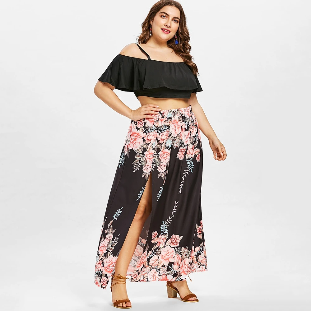 Пикантные 2 шт. плюс Размеры Cami Crop Top и Цветочный принт юбка Для женщин короткие