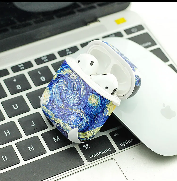 Чехол airpods кожаный для Apple Bluetooth наушники защитная кожа Kanagawa Ван Гог противоударный Анти-пыль ремень Звездная ночь бухта