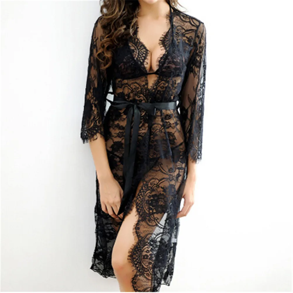 Женское ажурное платье JCAAAP Прозрачная кружевная ночная рубашка с круглым