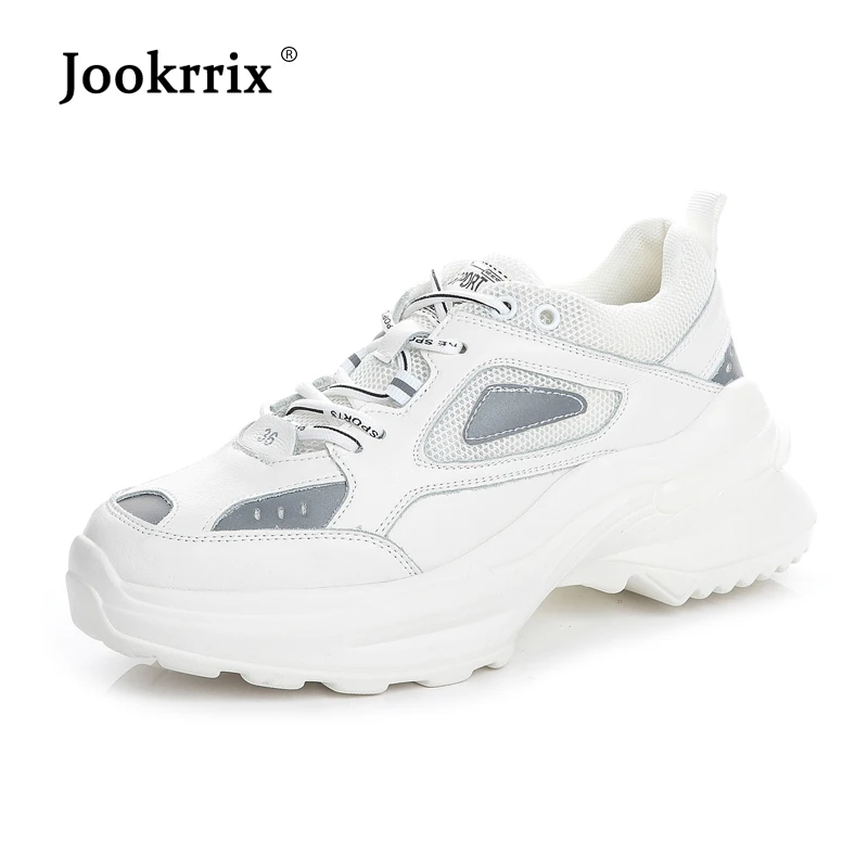 Jookrrix/Белая обувь; женские кроссовки на платформе; zapatos de mujer; коллекция года; сезон весна; натуральная кожа; chaussures femme; Женская обувь в стиле пэчворк - Цвет: Белый