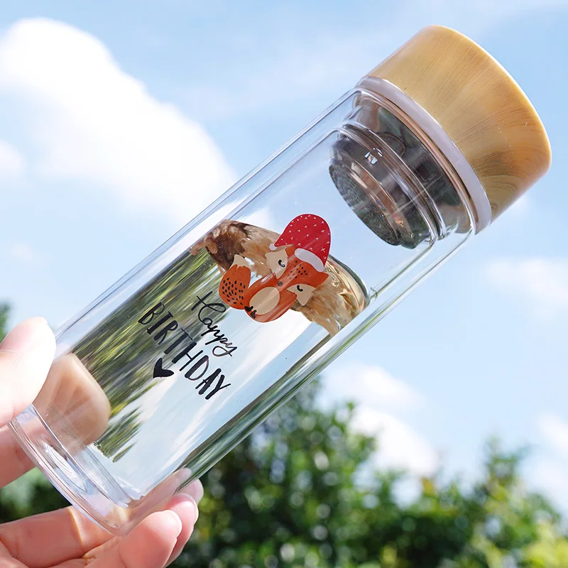 Cute Animal Print Double Insulated Class Travel Bottle Korean Students Fresh Portable Water Bottle With Tea Filter Free Shipping