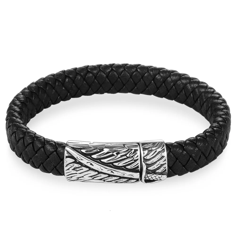 Men Jewelry Punk Black Braided Geunine Leather Bracelet Sword Dagger Pattern Stainless Steel Magnetic Buckle Bangles | Украшения и