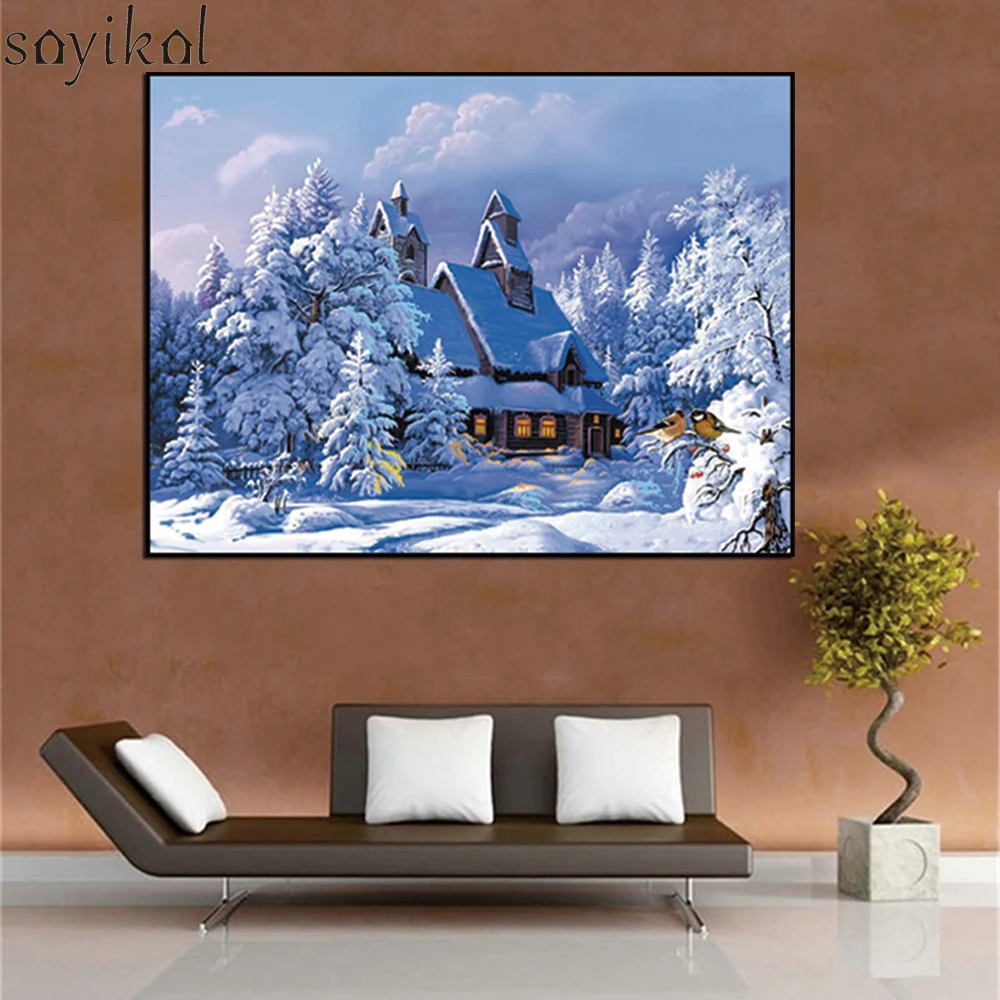 DIY картина маслом в рамке по номерам пейзаж зима снежная сцена картины холст для