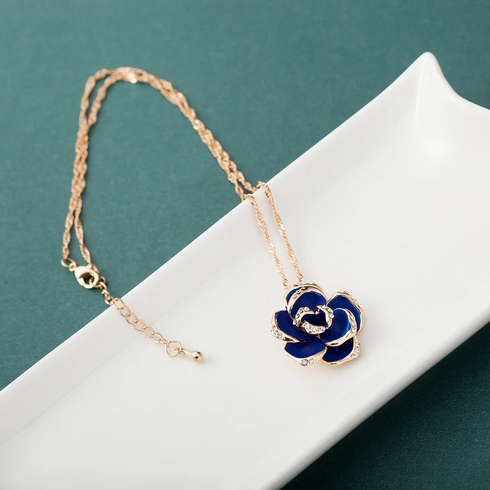 ALULU Fashion Blue Flower Female Pendant Necklace Rhinestone Long Necklaces &amp Pendants Jewelry For Women | Украшения и
