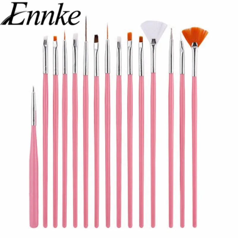 ENNKE 15Pcs pink professional nail brushes UV Gel Brush Liner Painting Pen Acrylic Drawing for Nails Handle Manicure Nail | Красота и