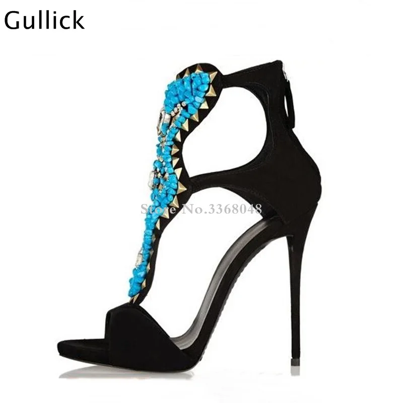 Новинка 2018 летние бархатные черные замшевые босоножки на молнии сзади с синими