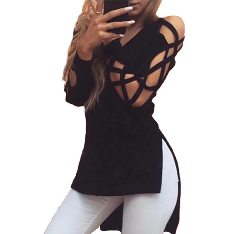 

Stylish Harajuku Hollow Sleeve Sexy T Shirt Women Short Front Long Back Female Tops Kawaii Split Cool T-shirt Women Cut Out