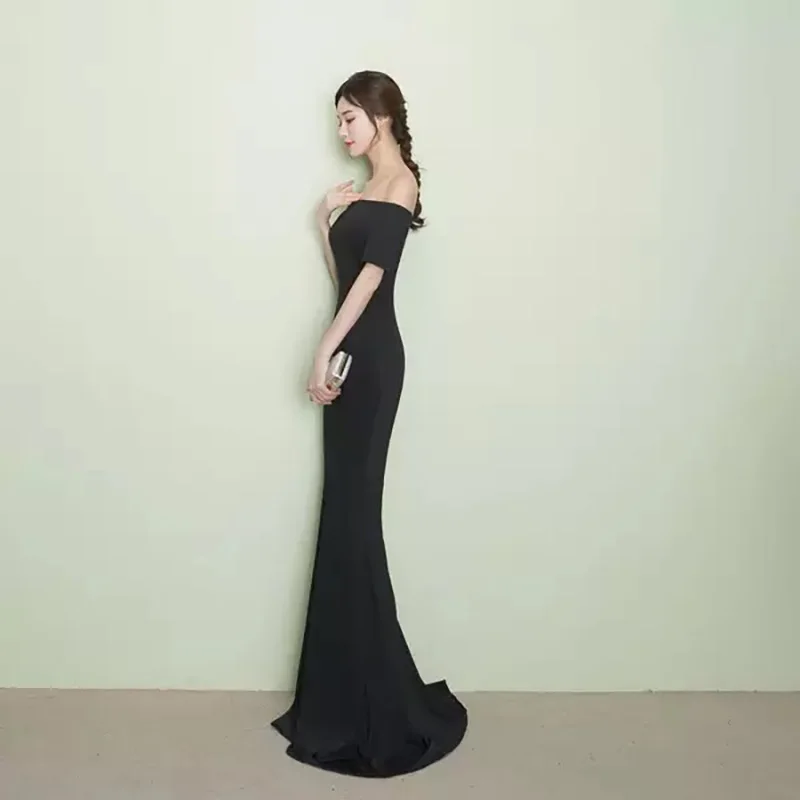 

D025 elegant black off the shoulder short sleeves slash neck floor length side split mermaid vestidos dress