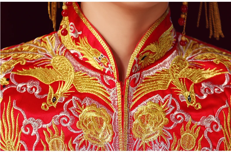 

RED Especial Fashion Chinese bride wedding gown dress Golden cheongsam Suzhou embroidery female golden Spring Autumn Qipao S-3XL
