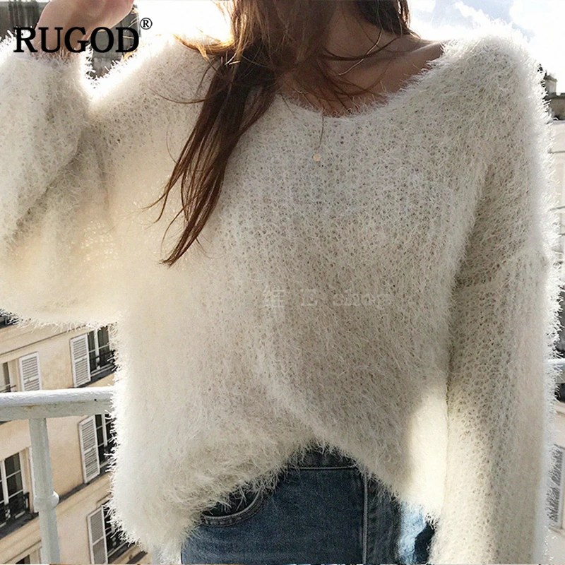 RUGOD 2019 Autumn Winter Loose Sweater Fashion V-Neck Lantern Sleeve Soft Plush Pullover Ladies befree Women harajuku | Женская одежда
