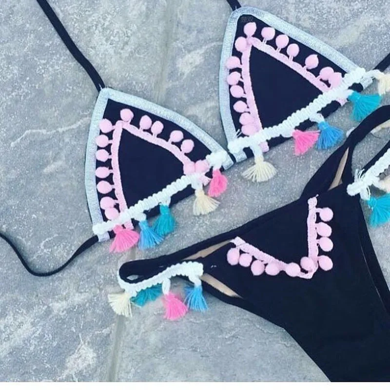 Бонни лес ручной работы Многоцветный Кисточкой Купальник черный пляжная одежда