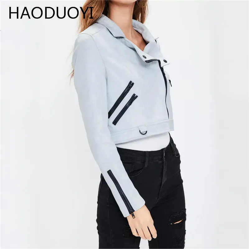 Haoduoyi моды осень Для женщин мотоцикл PU Базовая куртка замшей косой молнией