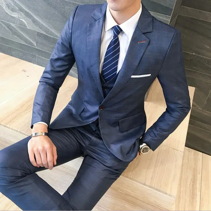 Мужской Блейзер в клетку темно синий деловой костюм пиджак брюки и жилет весна