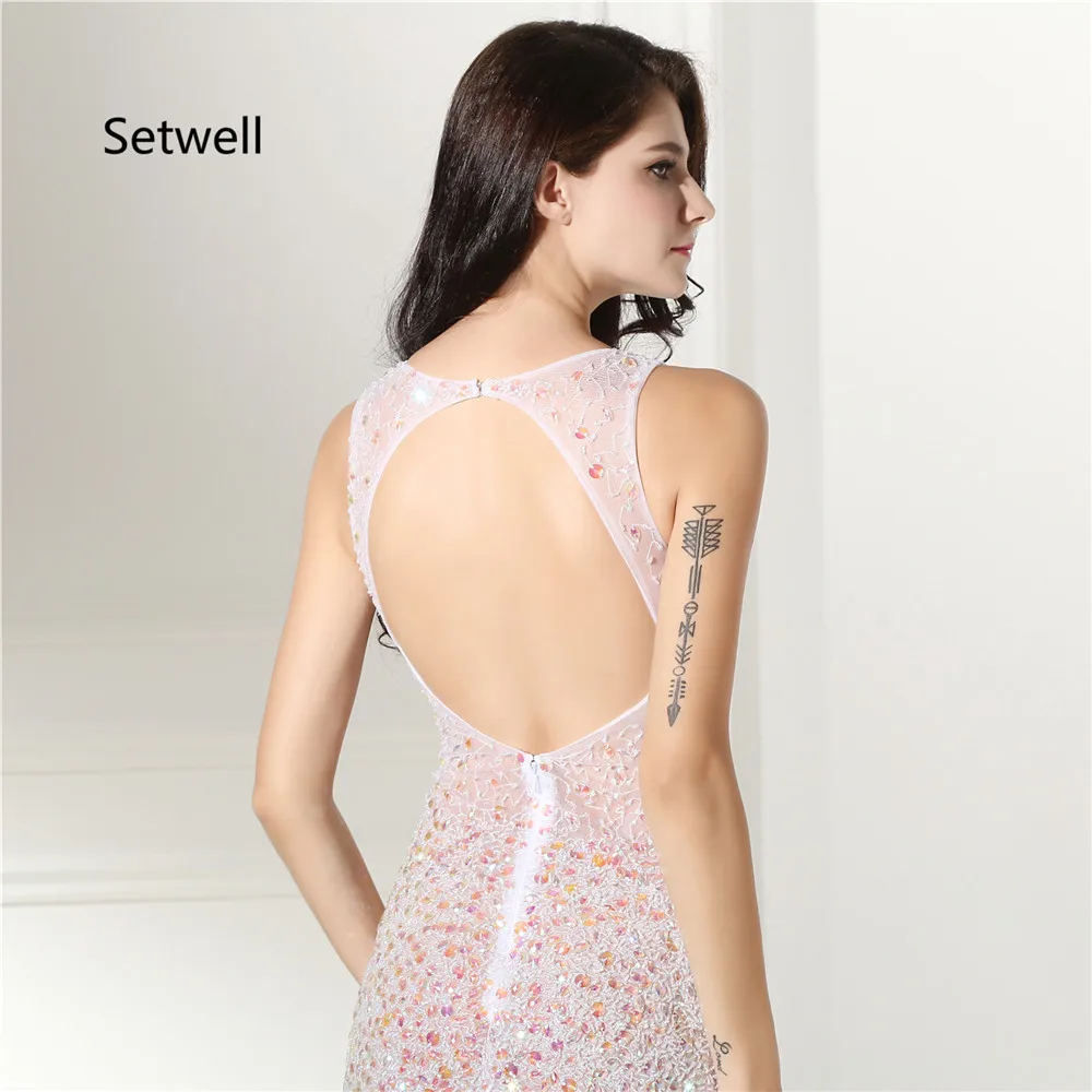 Setwell Sexy V-Neck Backless Mermaid Prom Dresses 2017 Illusion Prom Dress High Quality Beading Sequin Evening Gowns